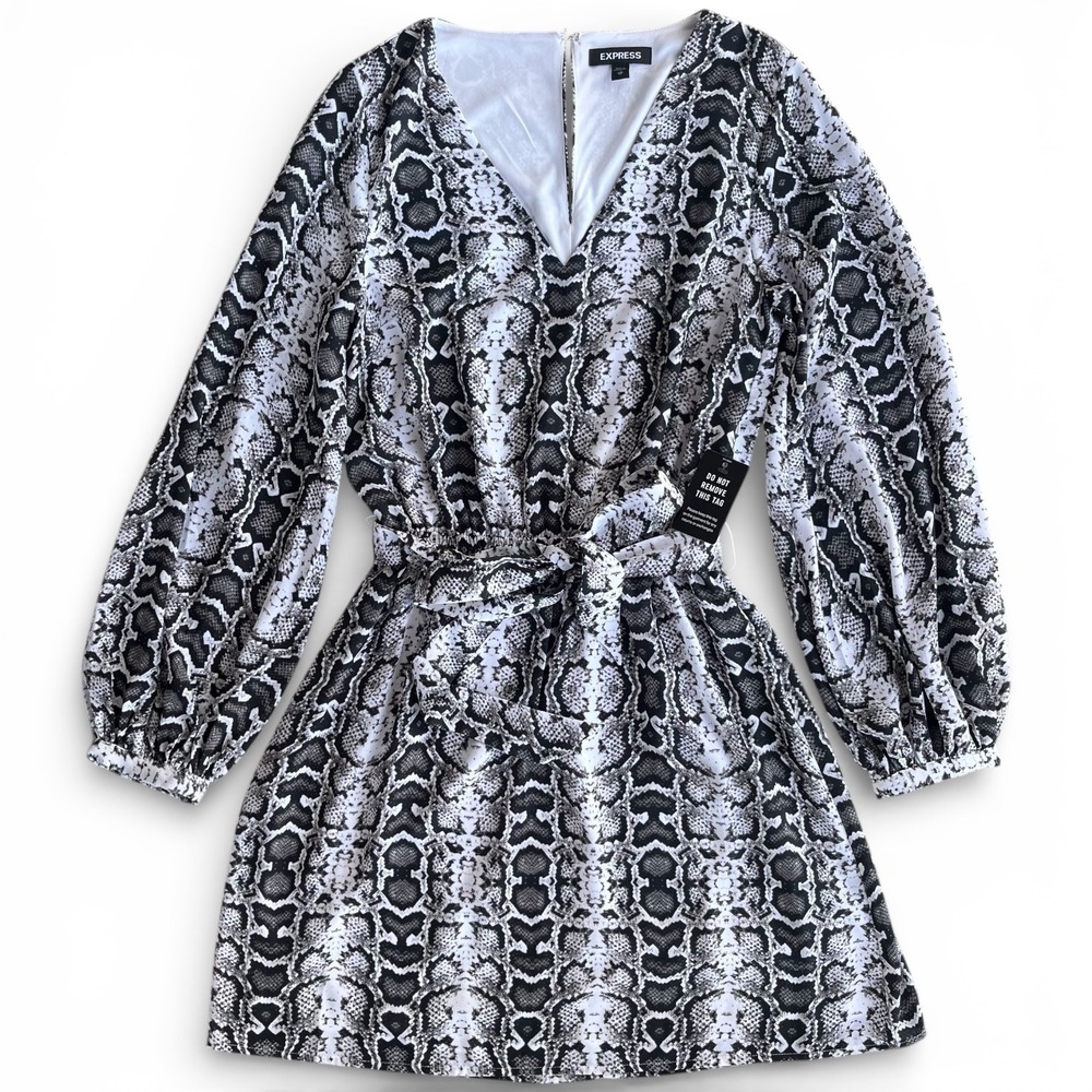 Express Womens XS Black White Gray Snakeskin Print V-Neck Long Sleeve Mini Dress